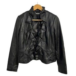 WHITE HOUSE BLACK MARKET Genuine Leather Jacket Black Ruffle Open Front Lined.